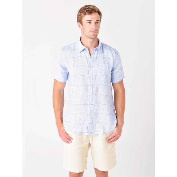 Barbour Mens Shirt XL Blue Plaid Short Sleeve 100% Linen Petteril - Picture 9 of 9